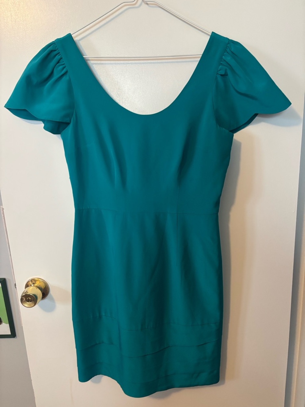 100% SILK Teal Scoop Neck Sheath Feminine Form Flattering Romantic Bridal Dress